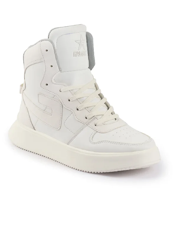 Men's casual shoes with a padded heel for comfort FAUSTO Men White High Top Chunky Classic Lace Up Sneakers|High Ankle Sneakers With Memory Cushion|Lightweight All Day Sneakers Men's casual shoes with a padded heel for comfort FAUSTO Men White High Top Chunky Classic Lace Up Sneakers|High Ankle Sneakers With Memory Cushion|Lightweight All Day Sneakers