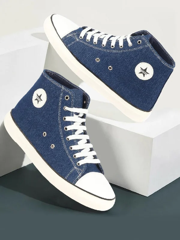 Men's casual shoes with a thick sole for added height Men Navy Blue Mid Top Star Toe Cap Upper Denim 8-Eye Lace Up Canvas Sneakers Shoes Men's casual shoes with a thick sole for added height Men Navy Blue Mid Top Star Toe Cap Upper Denim 8-Eye Lace Up Canvas Sneakers Shoes