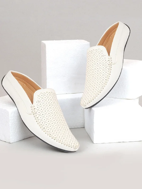 Men's casual shoes with a floral print for a unique style Men White Stitched Block Design Pattern Back Open Slip On Loafer Shoes Men's casual shoes with a floral print for a unique style Men White Stitched Block Design Pattern Back Open Slip On Loafer Shoes
