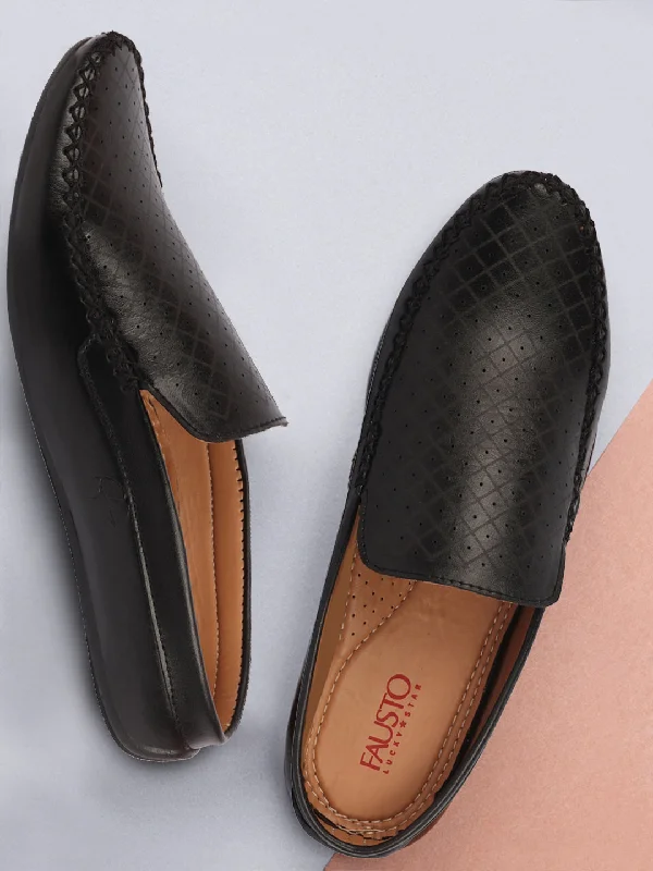 Men's casual shoes with a thick sole for added height Men Black Stitched Block Design Pattern Back Open Slip On Loafer Shoes Men's casual shoes with a thick sole for added height Men Black Stitched Block Design Pattern Back Open Slip On Loafer Shoes