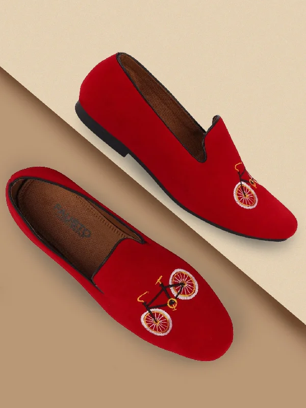 Men's casual shoes with a geometric pattern Men Red Velvet Embroidery Print Slip On Party Loafers Men's casual shoes with a geometric pattern Men Red Velvet Embroidery Print Slip On Party Loafers