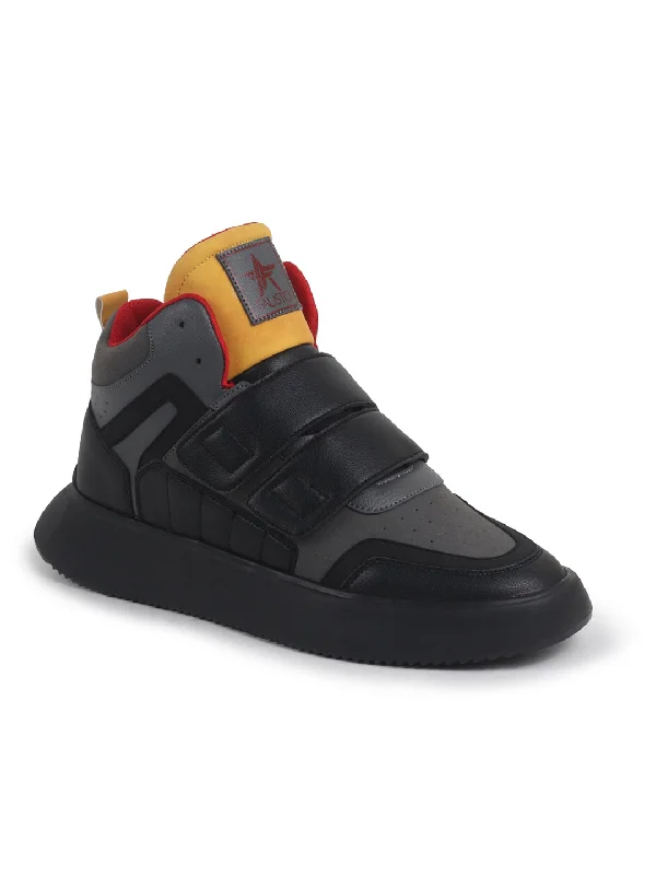 Men's casual shoes with a floral print for a unique style Men Black Colorblocked High Top Velcro Adjustable Classic Sneakers|Memory Cushion Insole|Street Fashion Hi-Top Sneakers Men's casual shoes with a floral print for a unique style Men Black Colorblocked High Top Velcro Adjustable Classic Sneakers|Memory Cushion Insole|Street Fashion Hi-Top Sneakers