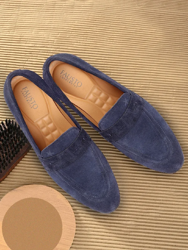 Men's casual shoes with a removable footbed for cleaningMen Navy Blue Suede Leather Outdoor Penny Loafer Shoes