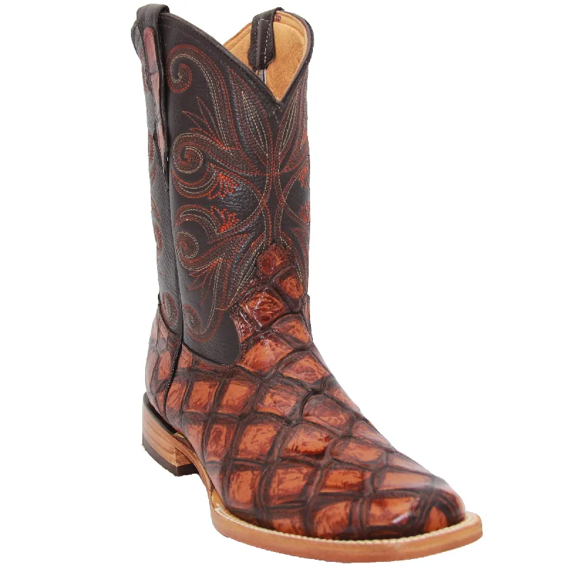 Men's western boots with a decorative inlay on the toe and heelMen’s Leather Fish Print Square Toe Cowboy Boot Men's western boots with a decorative inlay on the toe and heelMen’s Leather Fish Print Square Toe Cowboy Boot